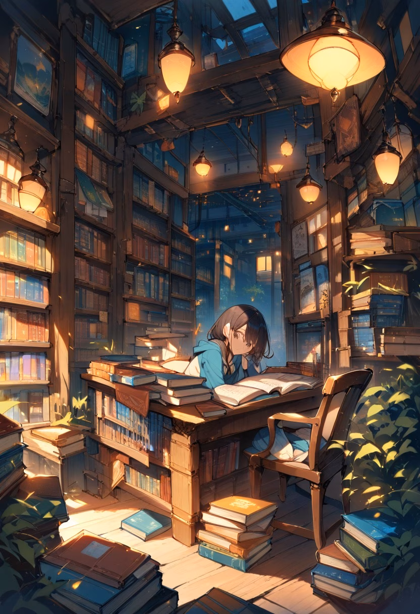 Cozy Independent Bookstore — view 1 — quiet bookstore interior, wooden shelves, colorful book covers, reading chair, warm lamps, cozy atmosphere, literary set