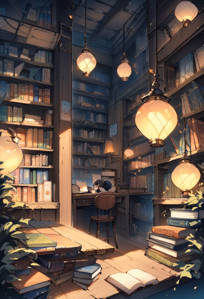 Cozy Independent Bookstore — view 2 — quiet bookstore interior, wooden shelves, colorful book covers, reading chair, warm lamps, cozy atmosphere, literary set