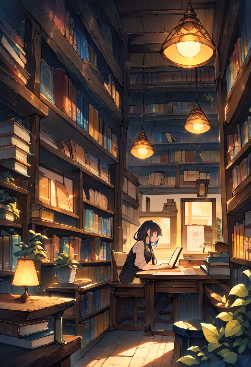 Cozy Independent Bookstore — view 3 — quiet bookstore interior, wooden shelves, colorful book covers, reading chair, warm lamps, cozy atmosphere, literary set