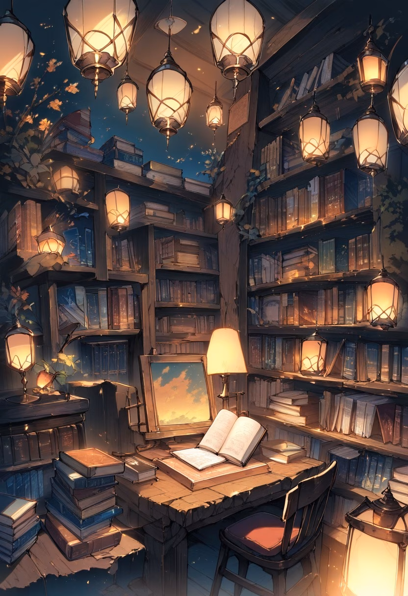 Cozy Independent Bookstore — view 4 — quiet bookstore interior, wooden shelves, colorful book covers, reading chair, warm lamps, cozy atmosphere, literary set