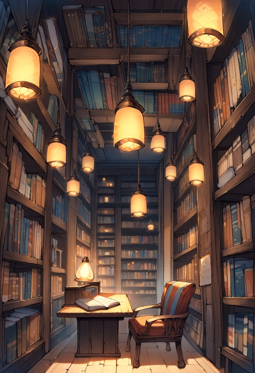 Cozy Independent Bookstore — view 5 — quiet bookstore interior, wooden shelves, colorful book covers, reading chair, warm lamps, cozy atmosphere, literary set