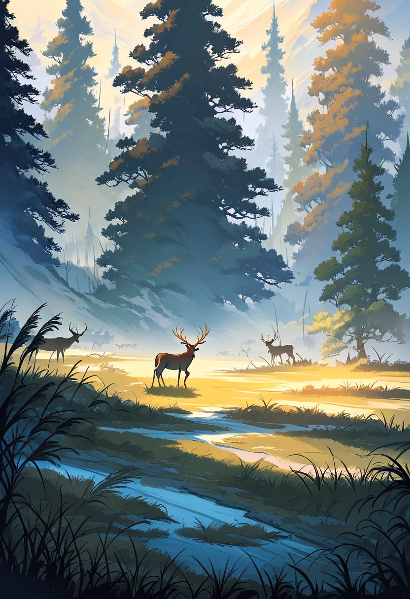 Deer at Misty Sunrise — view 1 — herd of deer crossing a misty meadow at sunrise, tall grass, forest edge, golden light, peaceful wildlife, atmospheric l