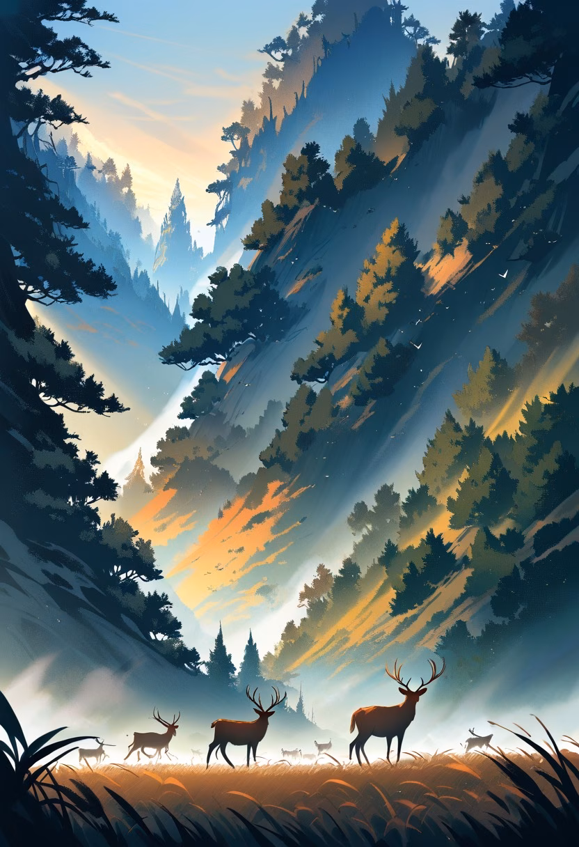 Deer at Misty Sunrise — view 2 — herd of deer crossing a misty meadow at sunrise, tall grass, forest edge, golden light, peaceful wildlife, atmospheric l