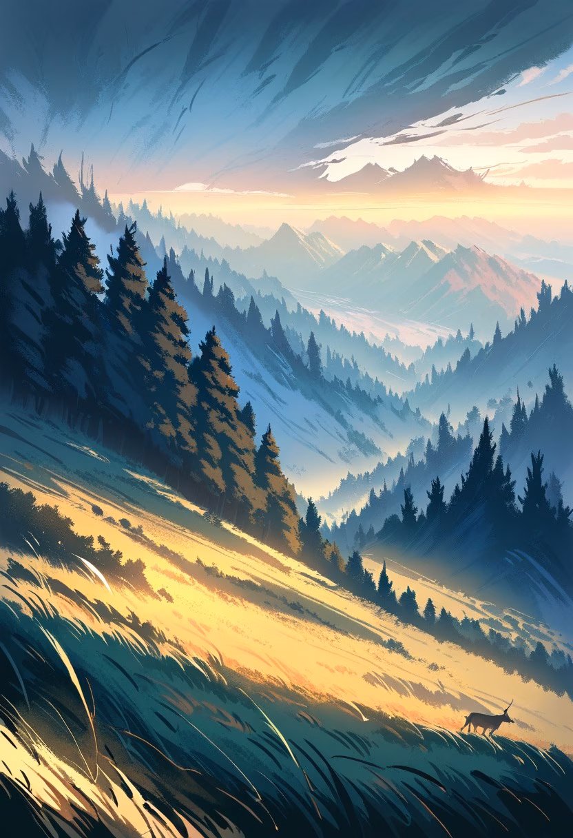 Deer at Misty Sunrise — view 4 — herd of deer crossing a misty meadow at sunrise, tall grass, forest edge, golden light, peaceful wildlife, atmospheric l