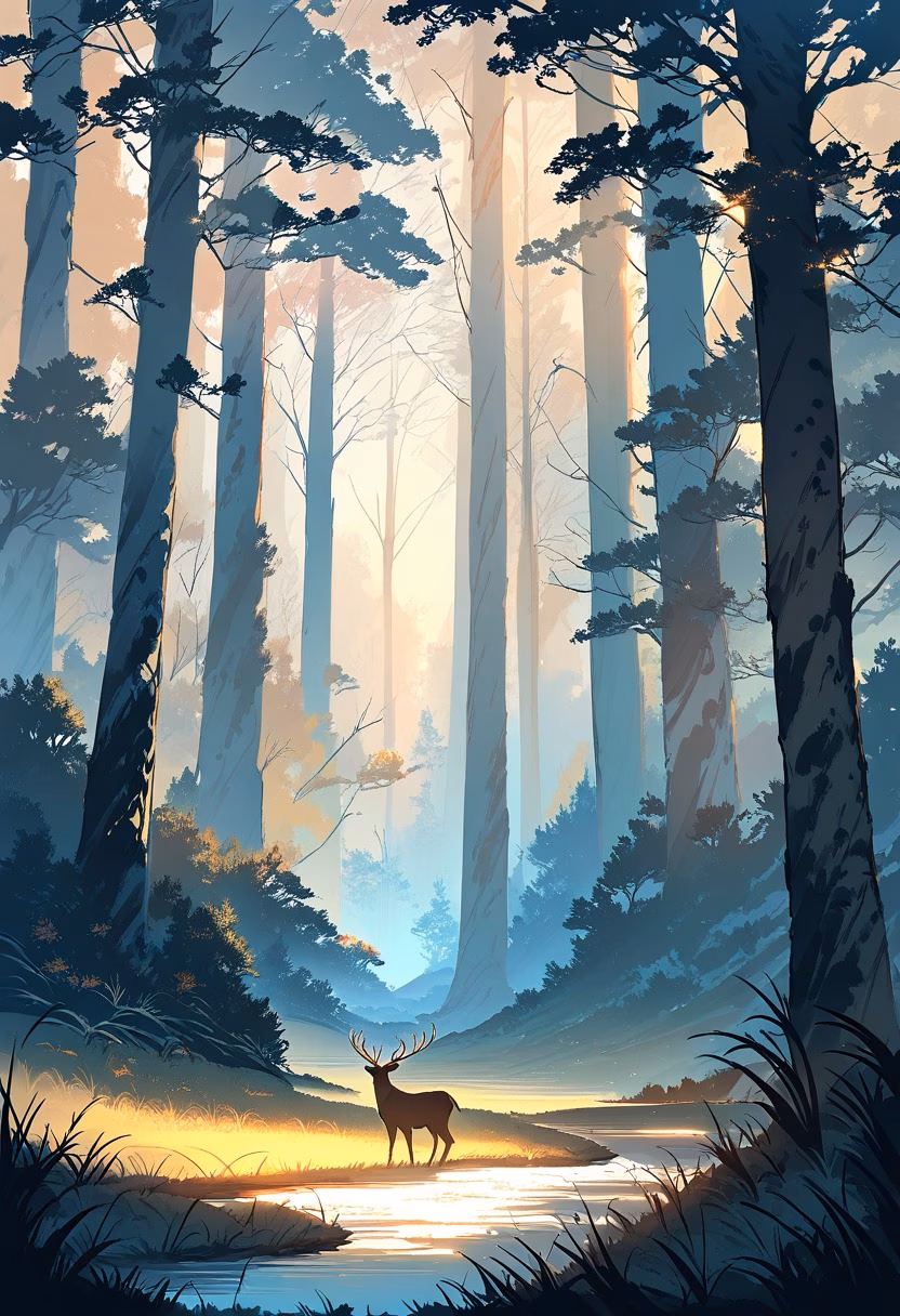 Deer at Misty Sunrise — view 5 — herd of deer crossing a misty meadow at sunrise, tall grass, forest edge, golden light, peaceful wildlife, atmospheric l