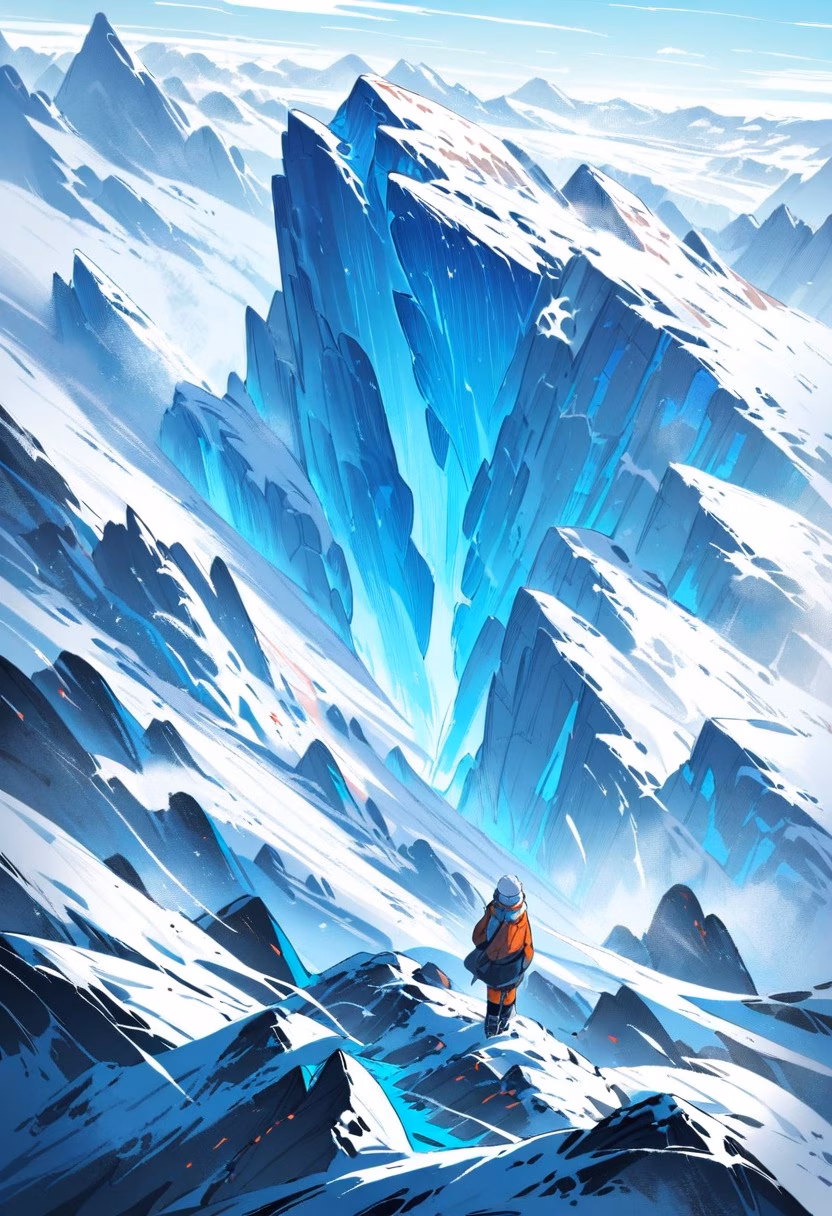 Blue Glacier Valley — view 1 — glacier valley, crevasses, blue ice, distant mountains, cold wind, arctic expedition, landscape, detailed ice cracks, ma