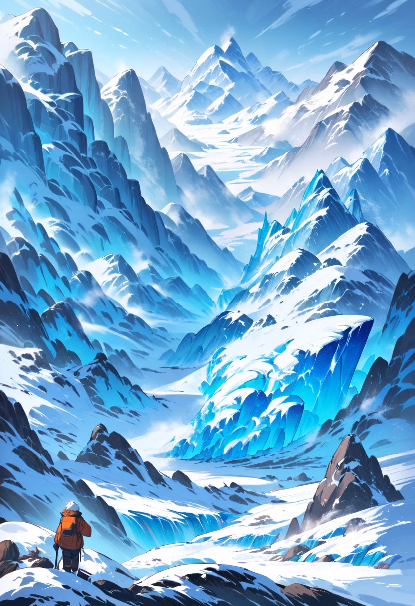 Blue Glacier Valley — view 2 — glacier valley, crevasses, blue ice, distant mountains, cold wind, arctic expedition, landscape, detailed ice cracks, ma