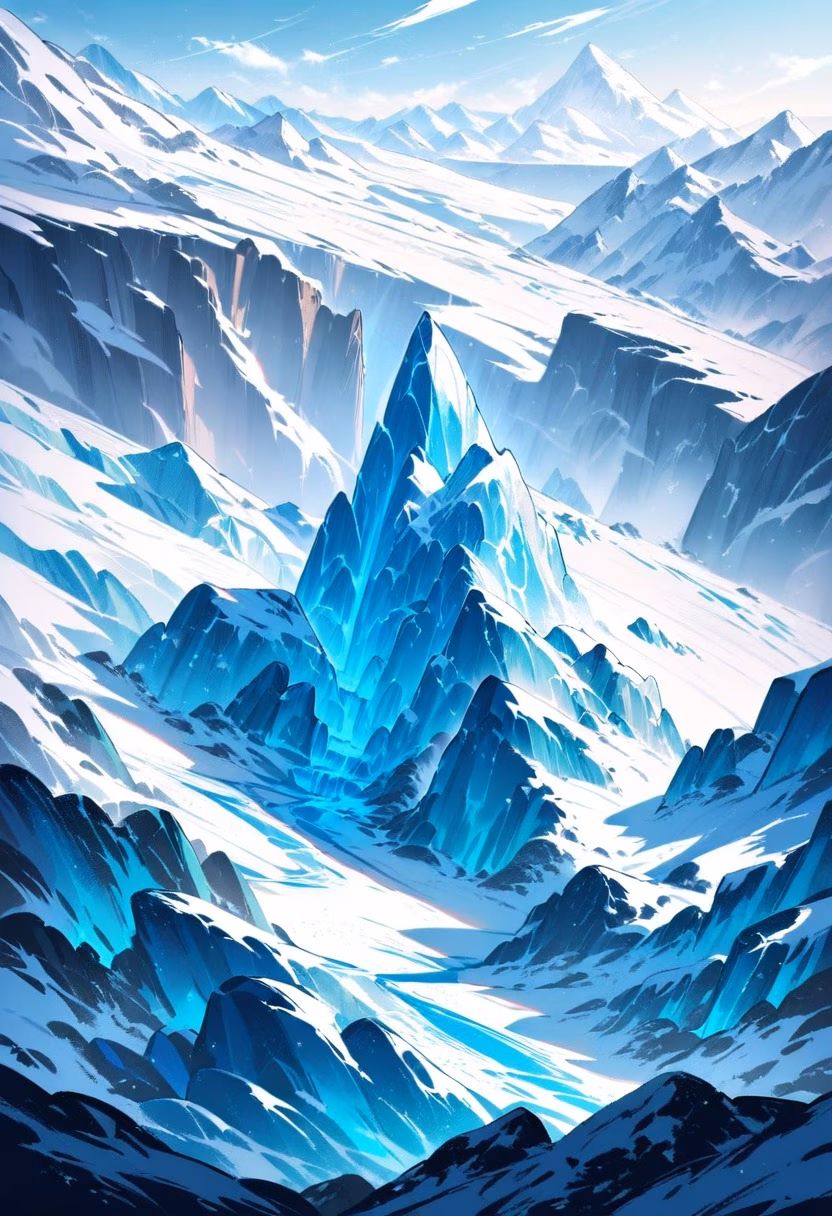 Blue Glacier Valley — view 3 — glacier valley, crevasses, blue ice, distant mountains, cold wind, arctic expedition, landscape, detailed ice cracks, ma