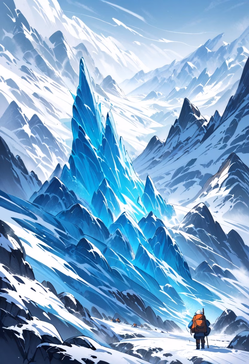 Blue Glacier Valley — view 4 — glacier valley, crevasses, blue ice, distant mountains, cold wind, arctic expedition, landscape, detailed ice cracks, ma
