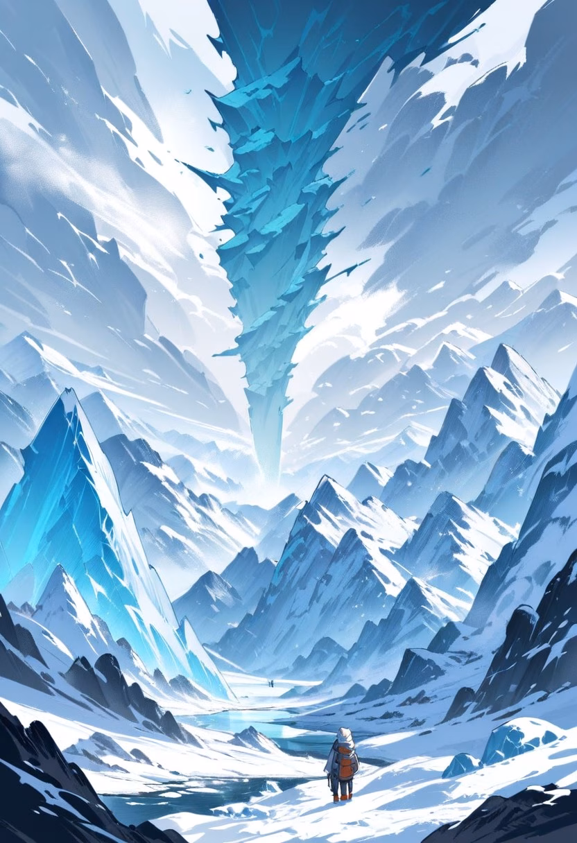 Blue Glacier Valley — view 5 — glacier valley, crevasses, blue ice, distant mountains, cold wind, arctic expedition, landscape, detailed ice cracks, ma