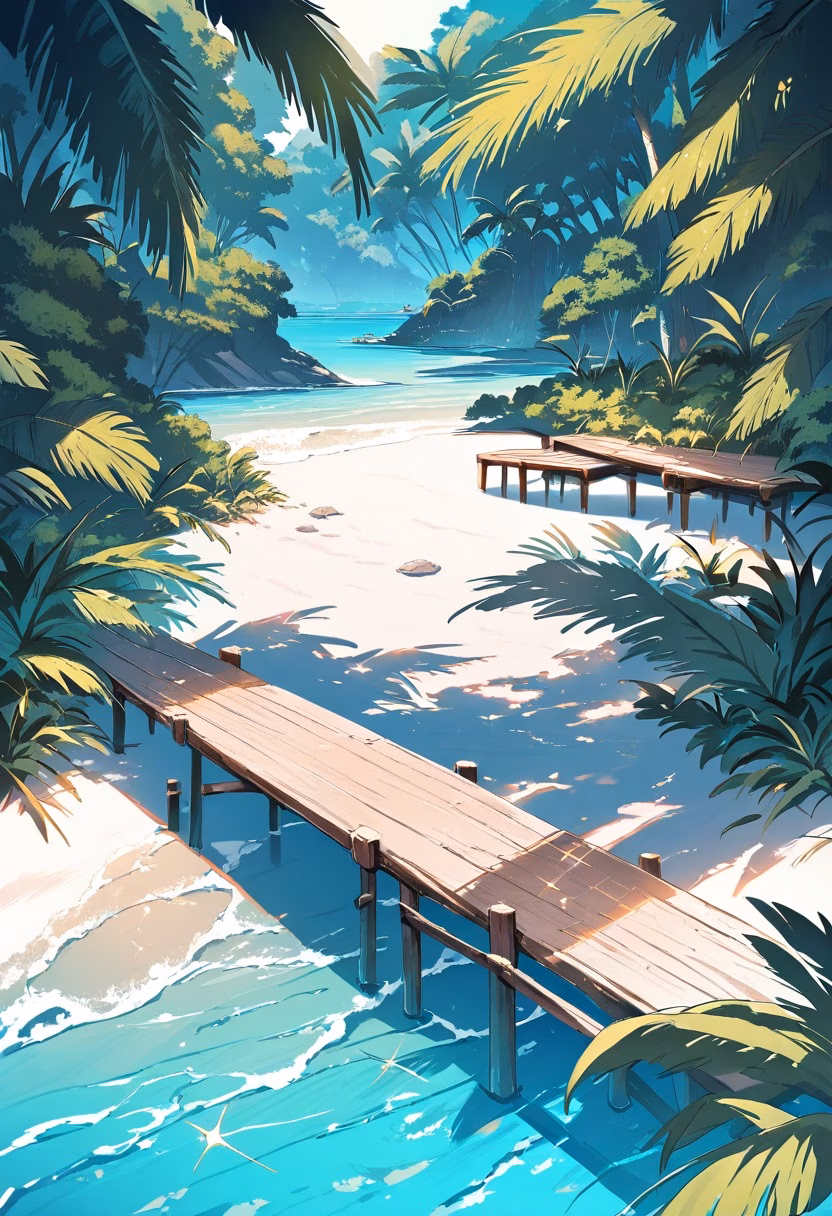 Crystal Tropical Lagoon — view 1 — turquoise tropical lagoon, small wooden dock, palm trees, white sand, crystal water, bright sunlight, peaceful paradise,