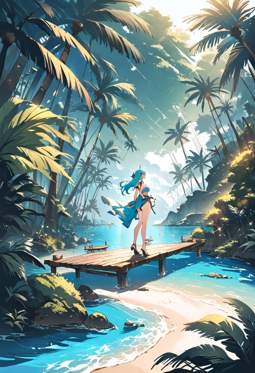 Crystal Tropical Lagoon — view 2 — turquoise tropical lagoon, small wooden dock, palm trees, white sand, crystal water, bright sunlight, peaceful paradise,