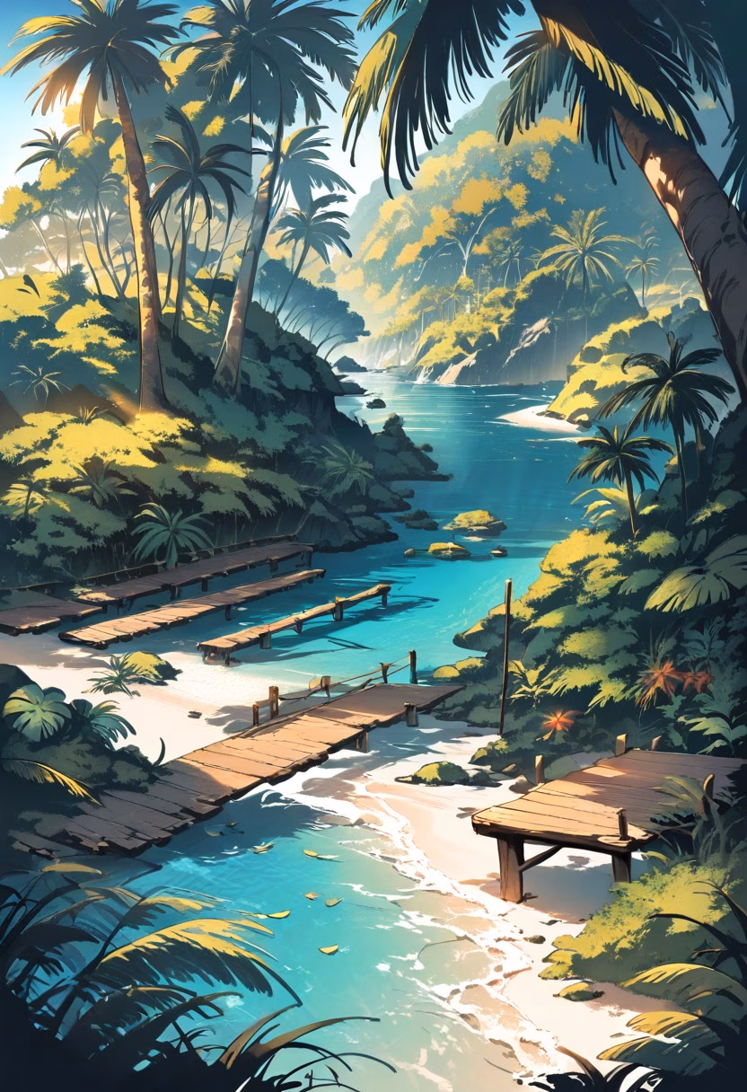 Crystal Tropical Lagoon — view 3 — turquoise tropical lagoon, small wooden dock, palm trees, white sand, crystal water, bright sunlight, peaceful paradise,