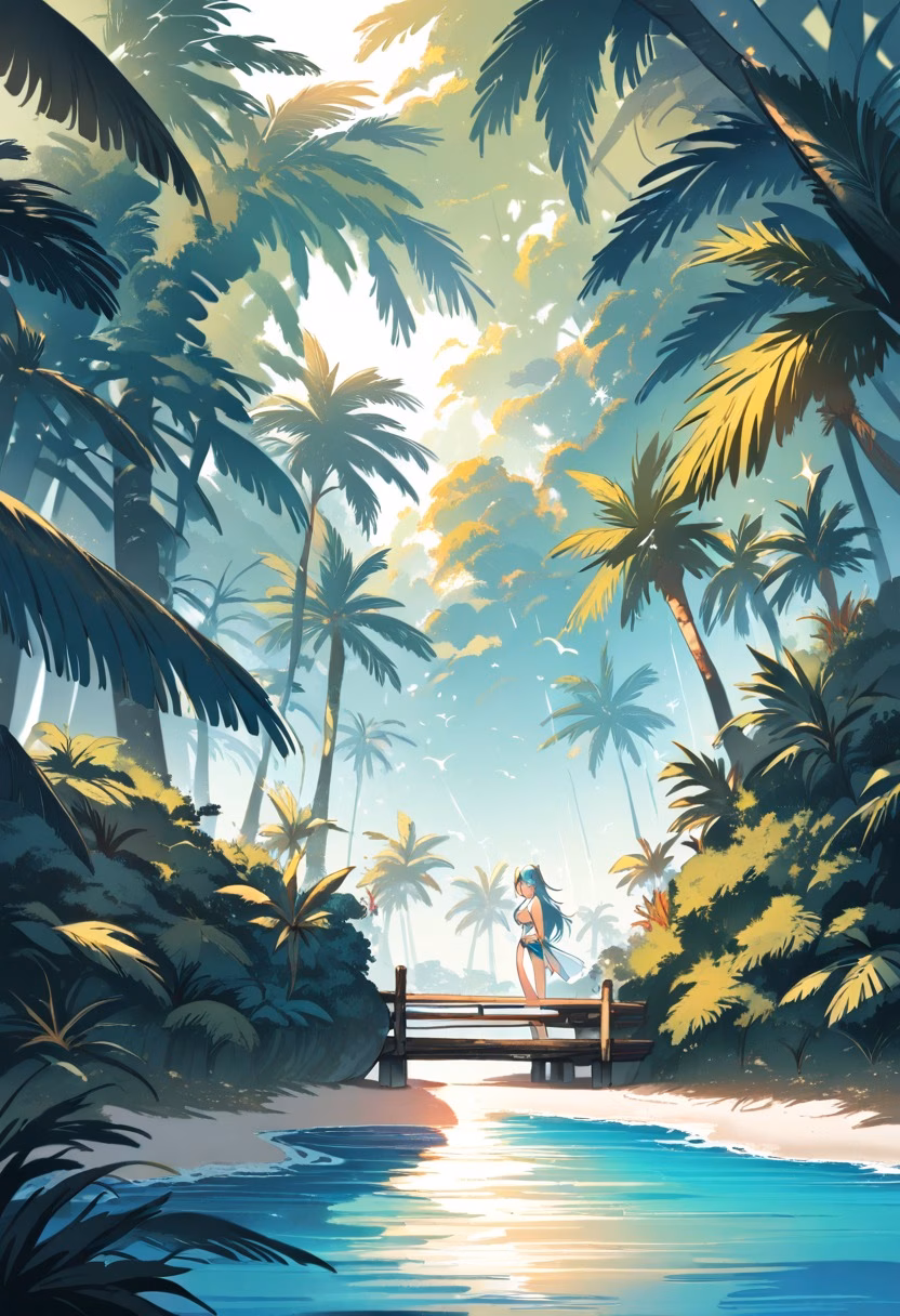 Crystal Tropical Lagoon — view 4 — turquoise tropical lagoon, small wooden dock, palm trees, white sand, crystal water, bright sunlight, peaceful paradise,