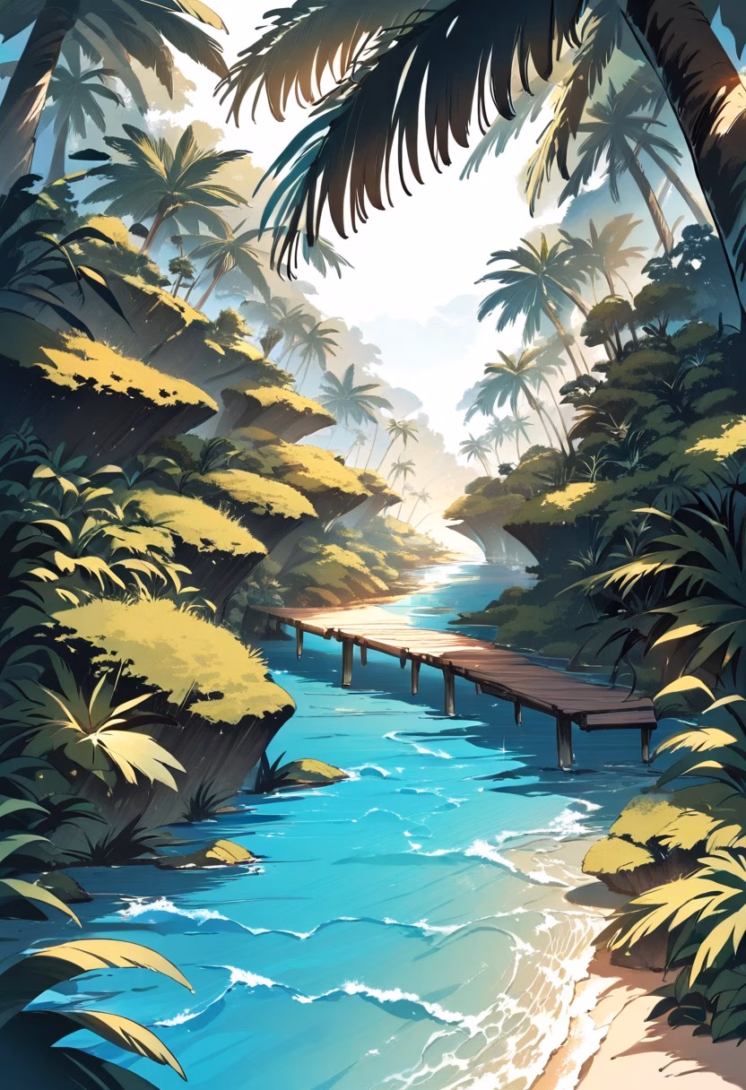 Crystal Tropical Lagoon — view 5 — turquoise tropical lagoon, small wooden dock, palm trees, white sand, crystal water, bright sunlight, peaceful paradise,