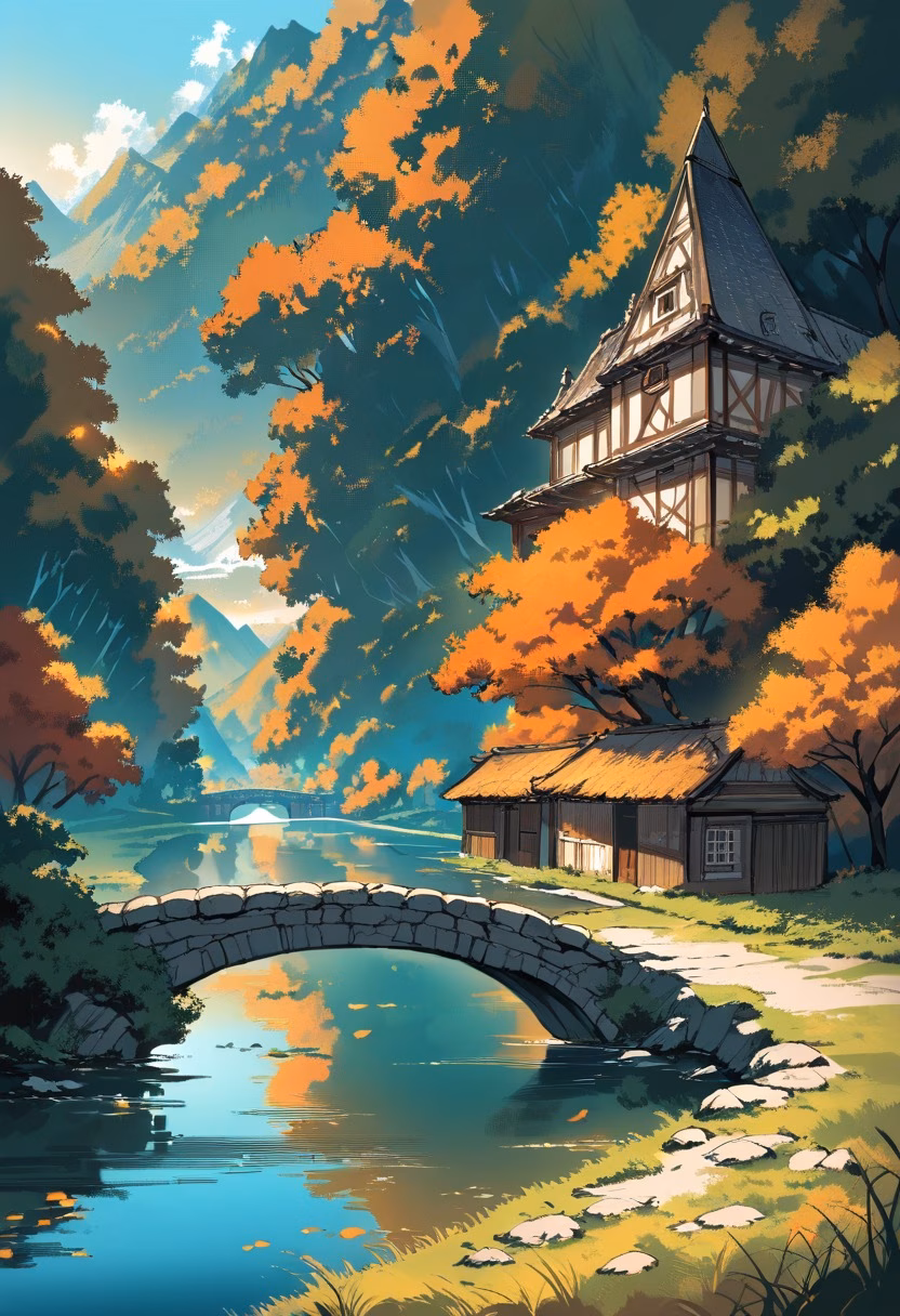 Medieval Autumn Bridge — view 1 — stone bridge over autumn river, medieval village in distance, orange trees, calm water, golden hour, historic countrysid
