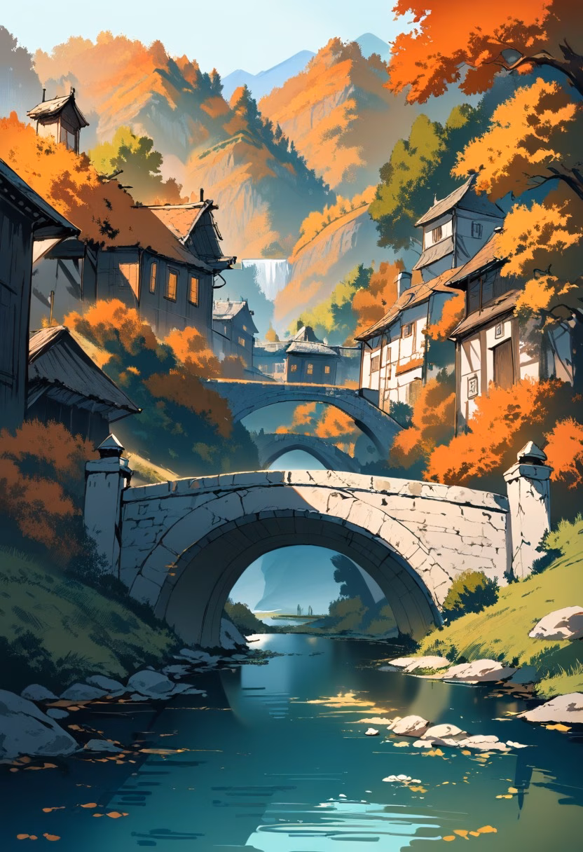 Medieval Autumn Bridge — view 2 — stone bridge over autumn river, medieval village in distance, orange trees, calm water, golden hour, historic countrysid