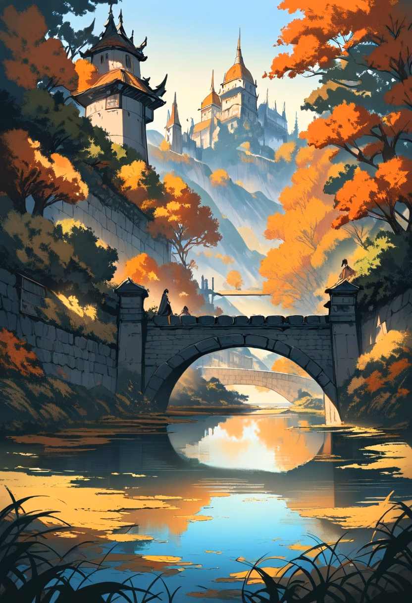 Medieval Autumn Bridge — view 4 — stone bridge over autumn river, medieval village in distance, orange trees, calm water, golden hour, historic countrysid