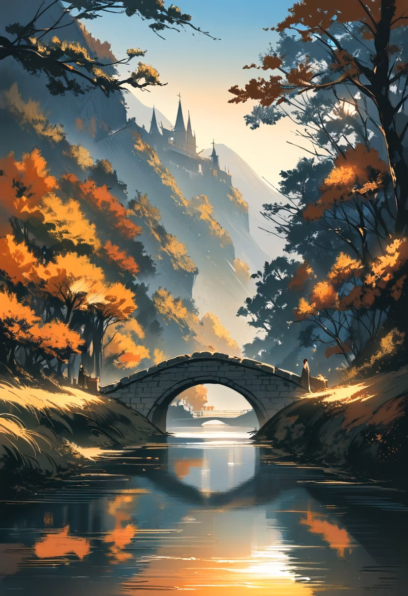 Medieval Autumn Bridge — view 5 — stone bridge over autumn river, medieval village in distance, orange trees, calm water, golden hour, historic countrysid