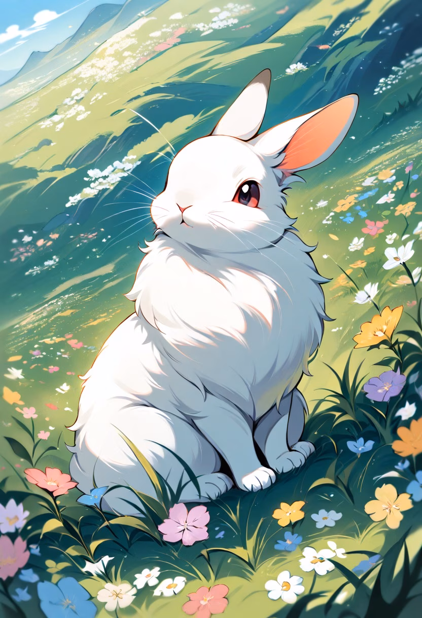Rabbit in Spring Meadow — view 1 — fluffy white rabbit sitting in spring meadow, wildflowers, green grass, soft sunlight, gentle expression, cute animal, d