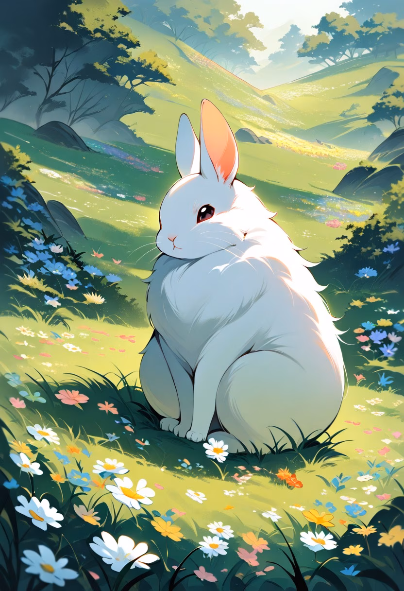 Rabbit in Spring Meadow — view 2 — fluffy white rabbit sitting in spring meadow, wildflowers, green grass, soft sunlight, gentle expression, cute animal, d