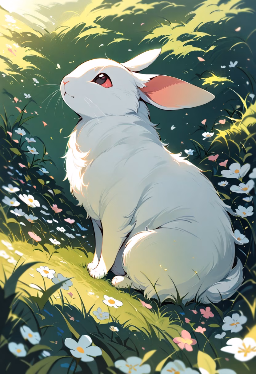 Rabbit in Spring Meadow — view 3 — fluffy white rabbit sitting in spring meadow, wildflowers, green grass, soft sunlight, gentle expression, cute animal, d