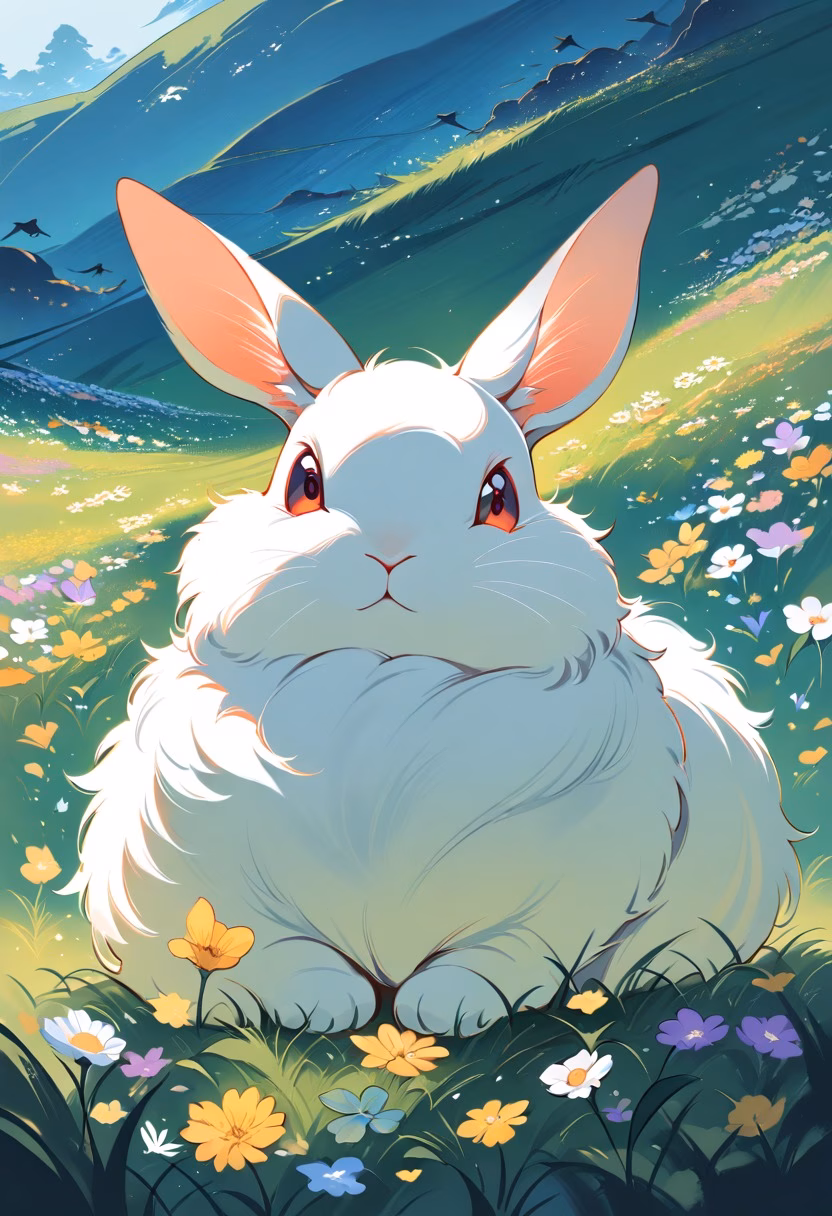 Rabbit in Spring Meadow — view 4 — fluffy white rabbit sitting in spring meadow, wildflowers, green grass, soft sunlight, gentle expression, cute animal, d