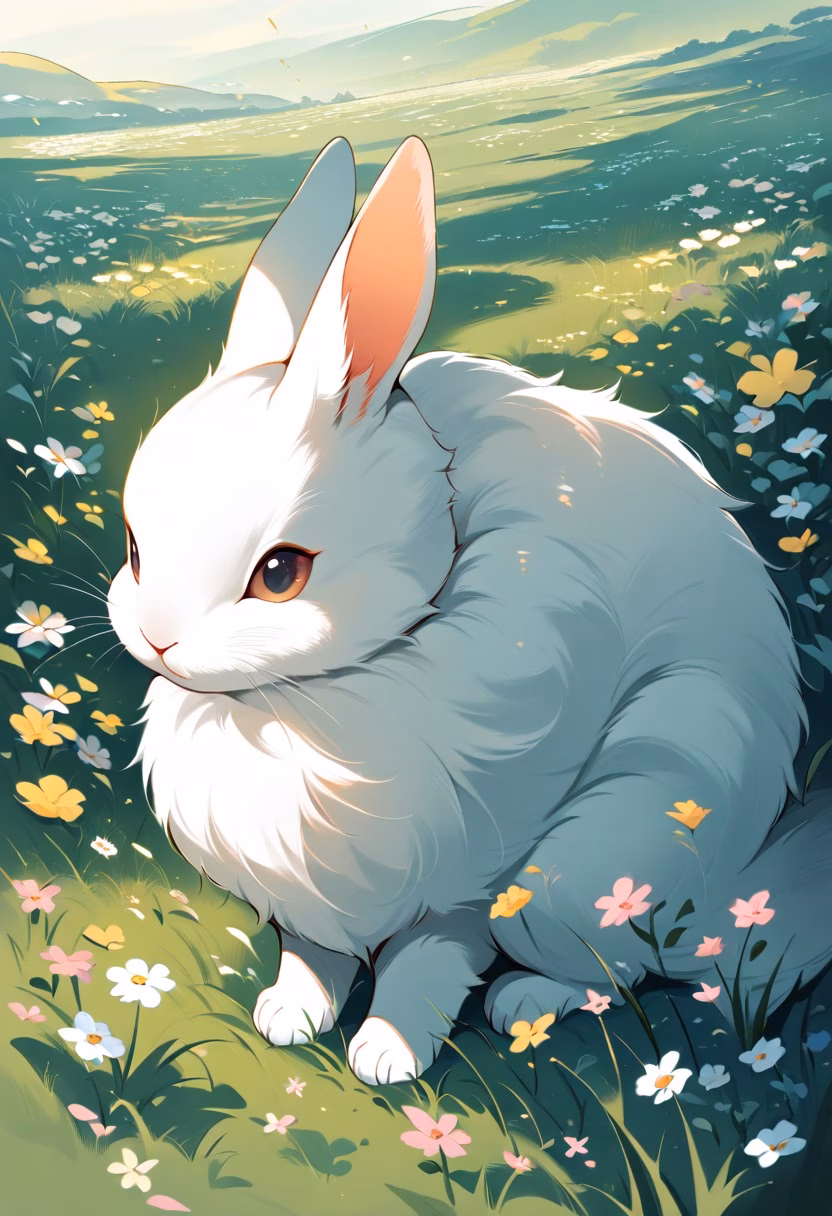 Rabbit in Spring Meadow — view 5 — fluffy white rabbit sitting in spring meadow, wildflowers, green grass, soft sunlight, gentle expression, cute animal, d