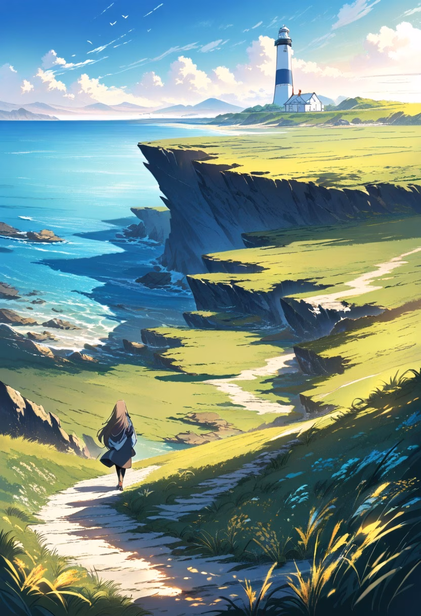 Coastal Walking Trail — view 1 — coastal cliff path with wild grasses, distant lighthouse, deep blue ocean, sunny sky, walking trail, travel scenery, pea