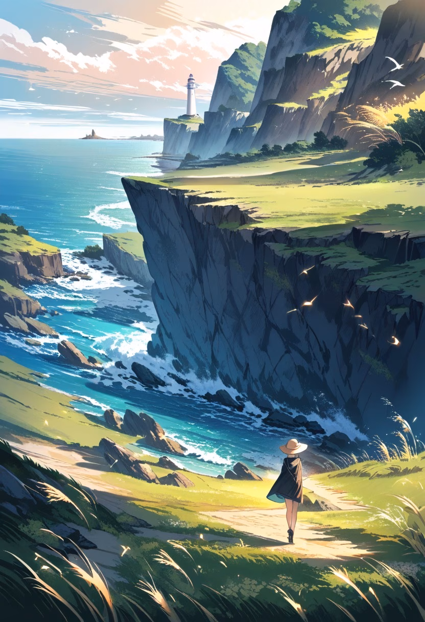 Coastal Walking Trail — view 2 — coastal cliff path with wild grasses, distant lighthouse, deep blue ocean, sunny sky, walking trail, travel scenery, pea