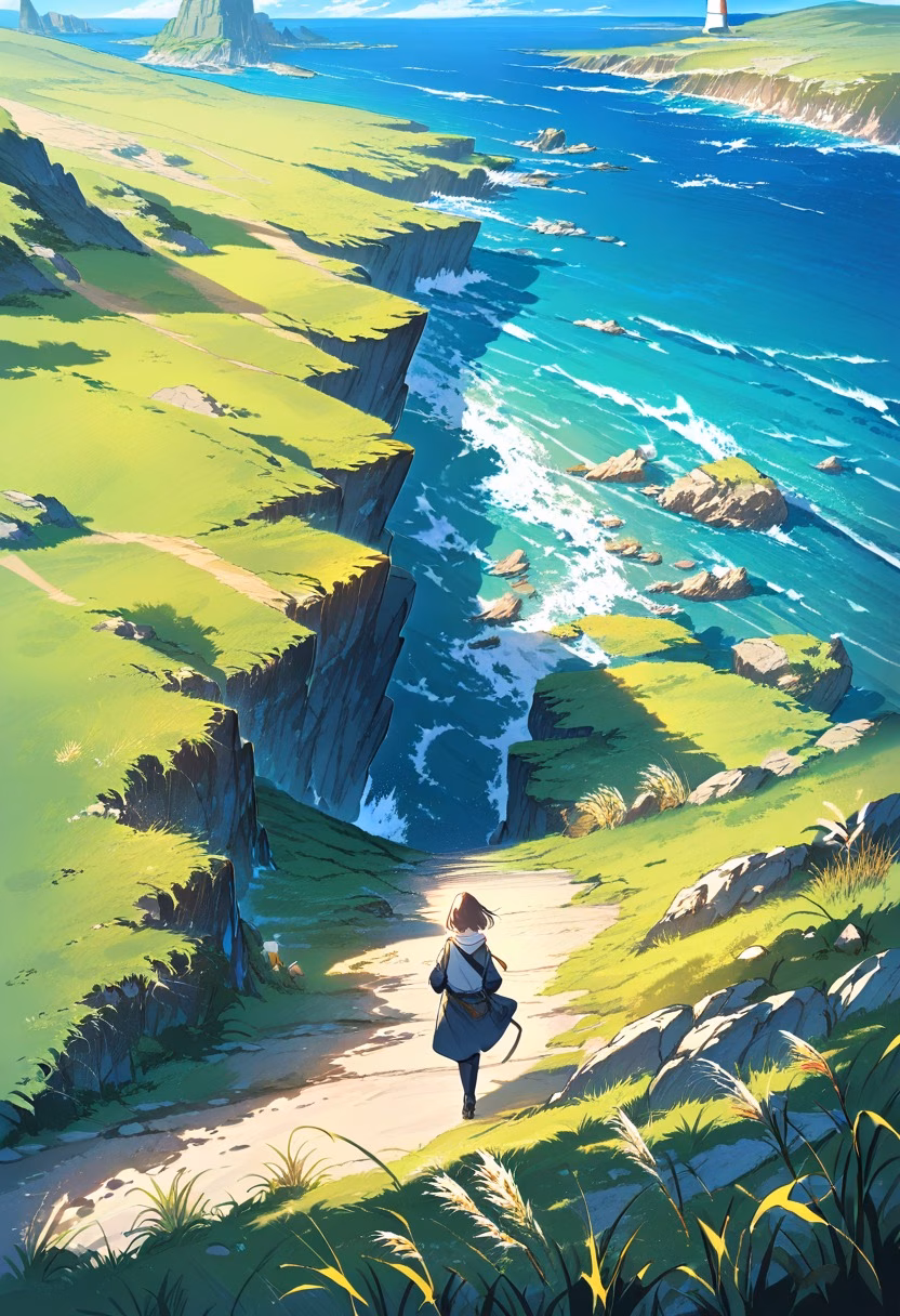 Coastal Walking Trail — view 3 — coastal cliff path with wild grasses, distant lighthouse, deep blue ocean, sunny sky, walking trail, travel scenery, pea