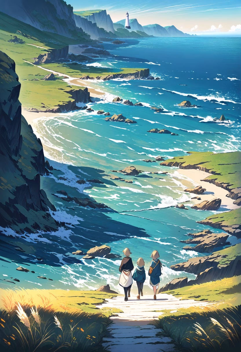 Coastal Walking Trail — view 4 — coastal cliff path with wild grasses, distant lighthouse, deep blue ocean, sunny sky, walking trail, travel scenery, pea