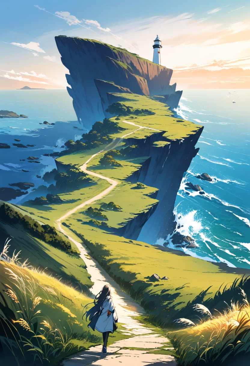 Coastal Walking Trail — view 5 — coastal cliff path with wild grasses, distant lighthouse, deep blue ocean, sunny sky, walking trail, travel scenery, pea