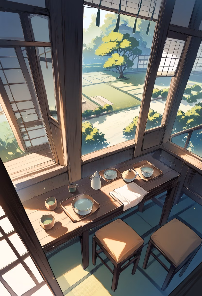 Traditional Tea Room — view 1 — traditional tea room, low wooden table, ceramic teapot, tatami mats, garden view through open window, soft morning light