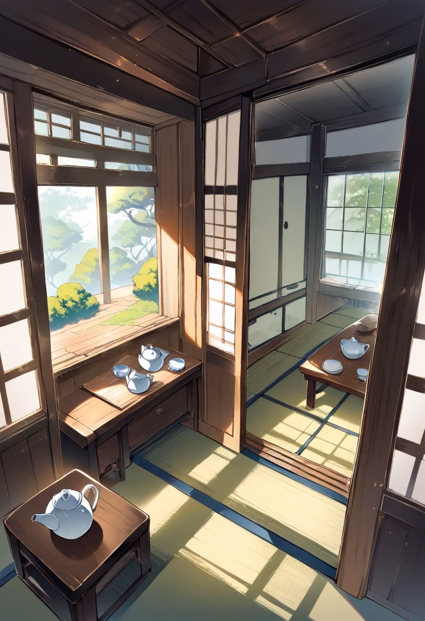 Traditional Tea Room — view 2 — traditional tea room, low wooden table, ceramic teapot, tatami mats, garden view through open window, soft morning light