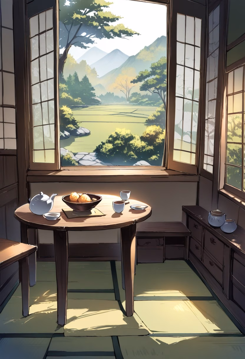 Traditional Tea Room — view 3 — traditional tea room, low wooden table, ceramic teapot, tatami mats, garden view through open window, soft morning light