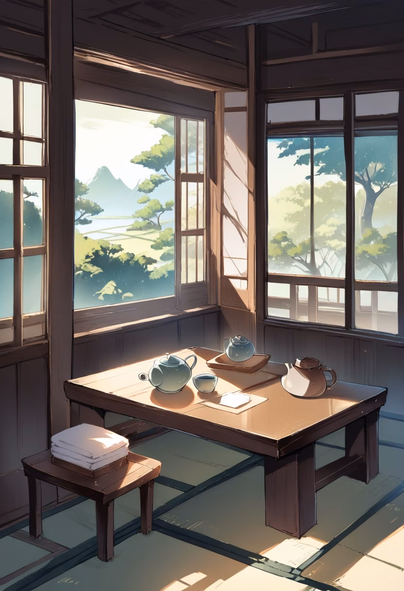Traditional Tea Room — view 4 — traditional tea room, low wooden table, ceramic teapot, tatami mats, garden view through open window, soft morning light