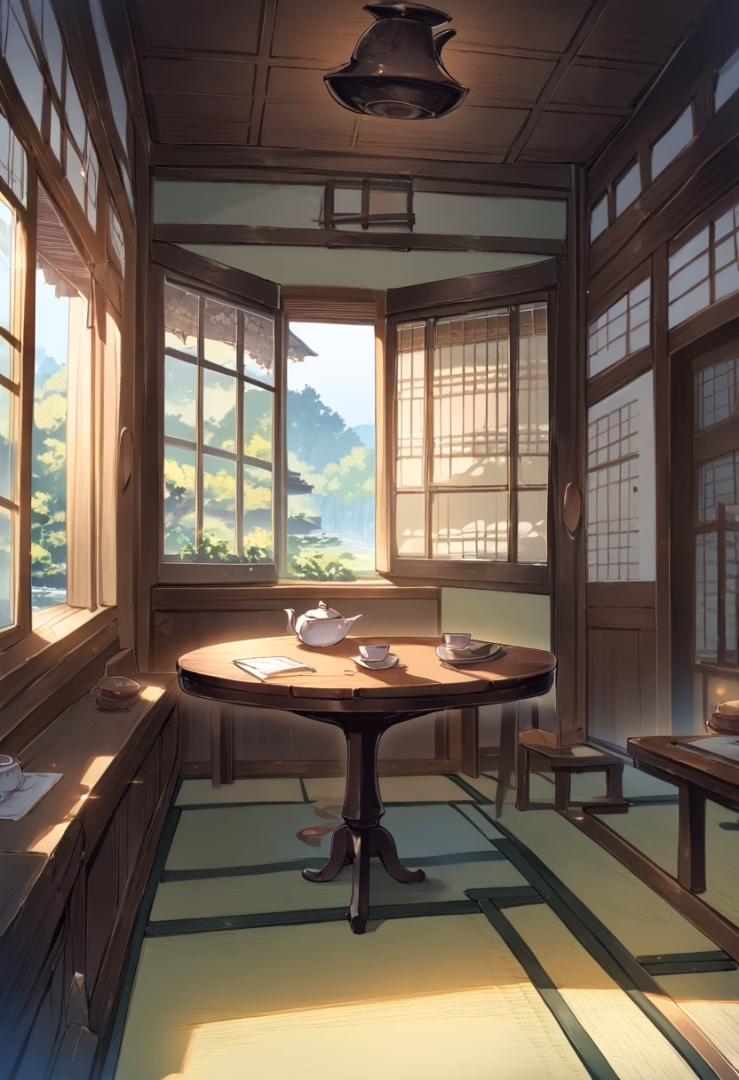 Traditional Tea Room — view 5 — traditional tea room, low wooden table, ceramic teapot, tatami mats, garden view through open window, soft morning light