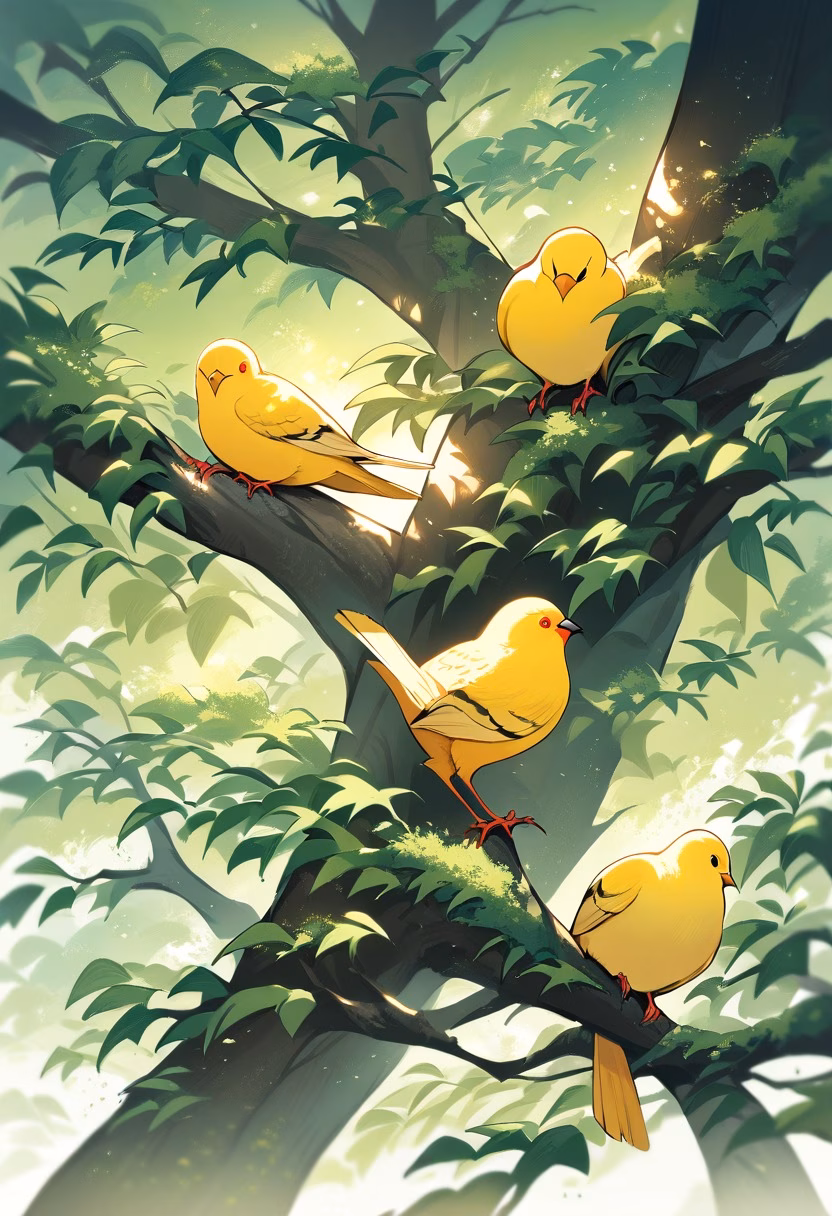 Canary in the Spring Garden — view 1 — bright yellow canary perched on flowering branch, spring garden, green leaves, soft sunlight, delicate feathers, cheerfu