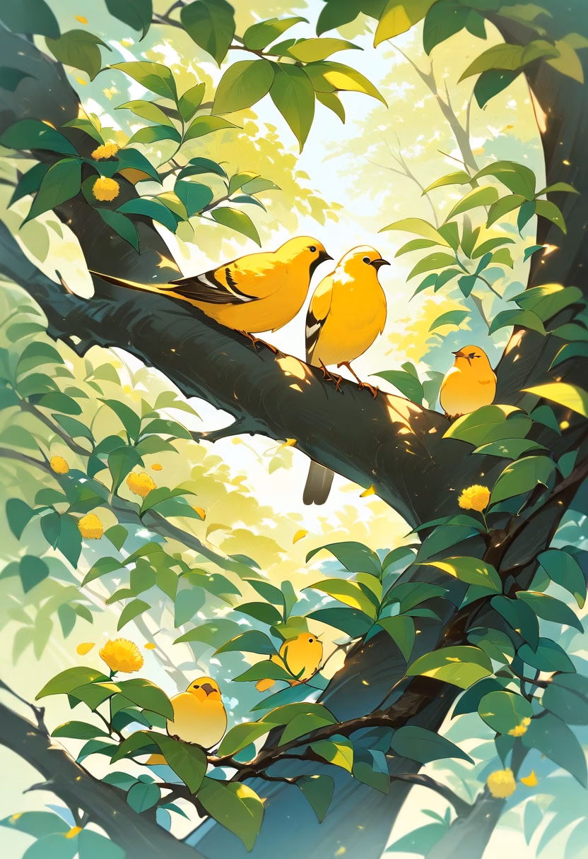 Canary in the Spring Garden — view 2 — bright yellow canary perched on flowering branch, spring garden, green leaves, soft sunlight, delicate feathers, cheerfu