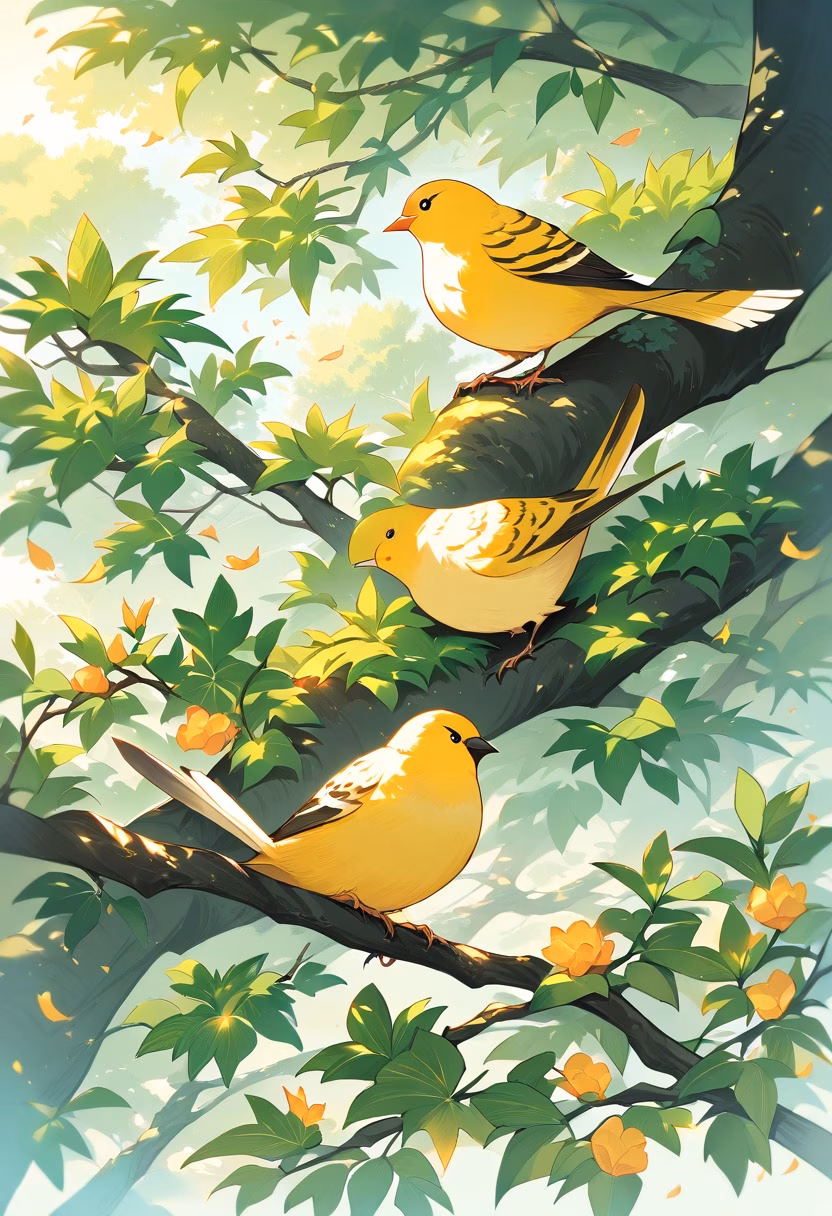 Canary in the Spring Garden — view 3 — bright yellow canary perched on flowering branch, spring garden, green leaves, soft sunlight, delicate feathers, cheerfu