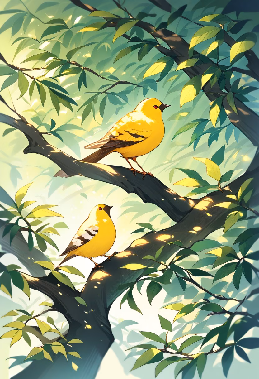 Canary in the Spring Garden — view 4 — bright yellow canary perched on flowering branch, spring garden, green leaves, soft sunlight, delicate feathers, cheerfu