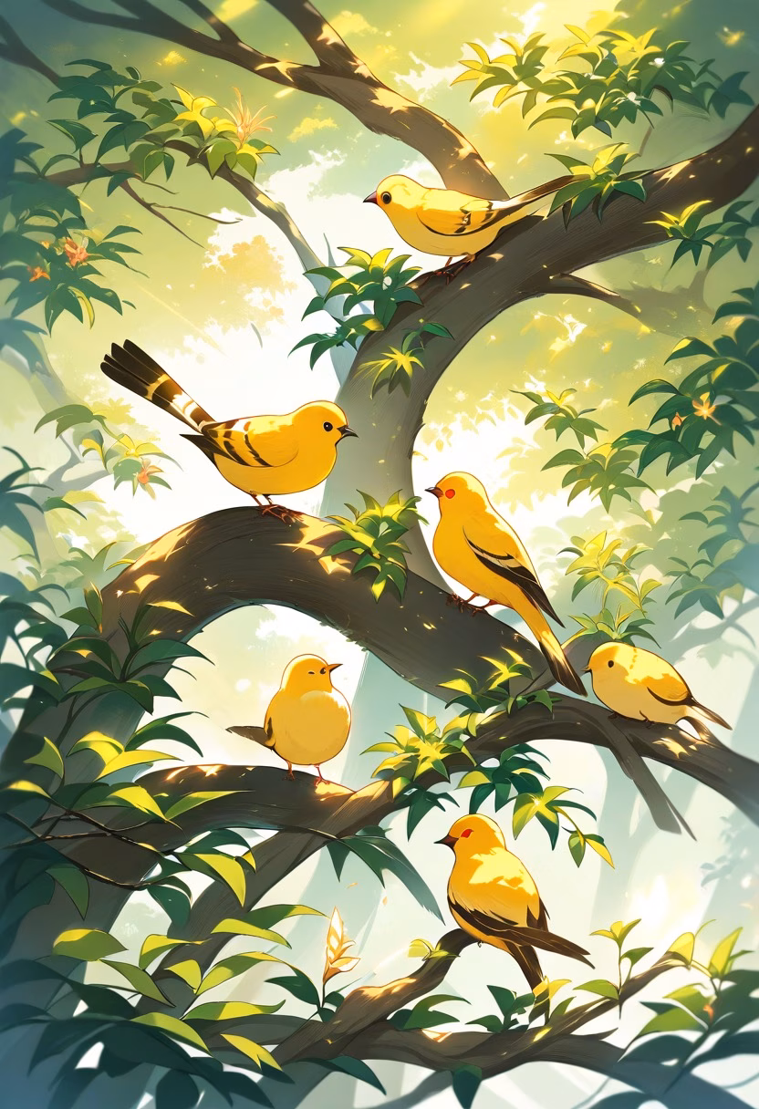 Canary in the Spring Garden — view 5 — bright yellow canary perched on flowering branch, spring garden, green leaves, soft sunlight, delicate feathers, cheerfu