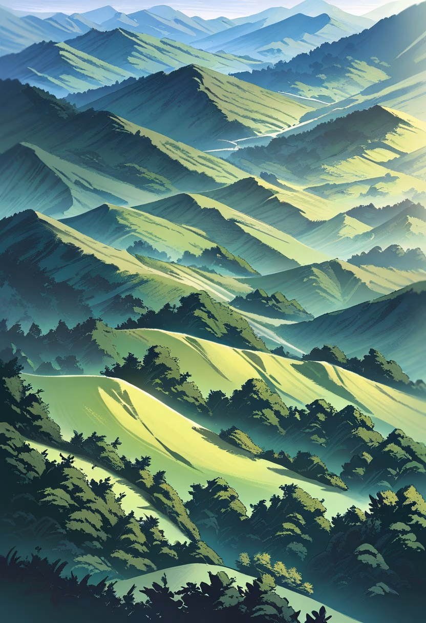 Misty Tea Plantation — view 1 — rolling green tea plantation hills, rows of tea plants, misty mountains, early morning light, peaceful agriculture lands
