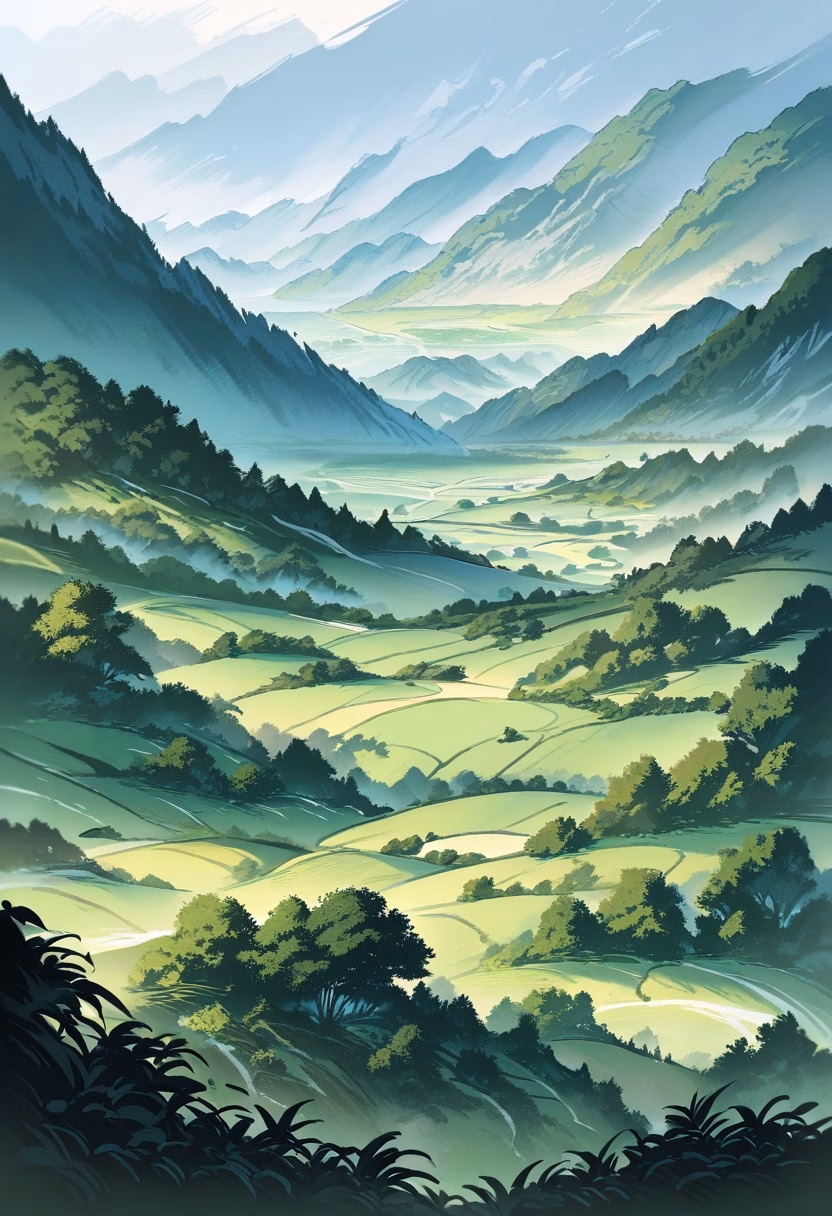 Misty Tea Plantation — view 2 — rolling green tea plantation hills, rows of tea plants, misty mountains, early morning light, peaceful agriculture lands