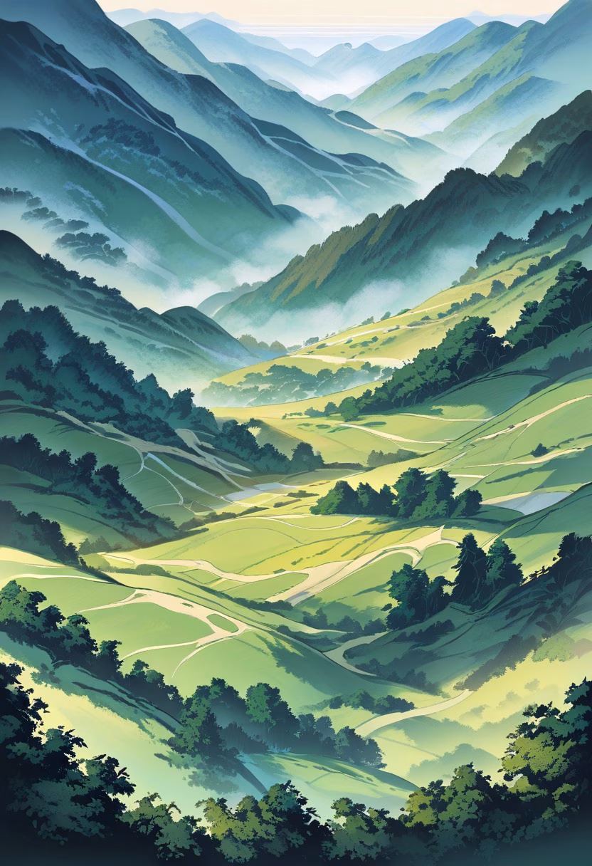 Misty Tea Plantation — view 3 — rolling green tea plantation hills, rows of tea plants, misty mountains, early morning light, peaceful agriculture lands