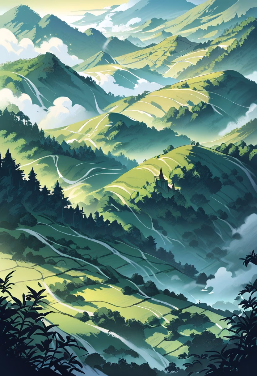 Misty Tea Plantation — view 4 — rolling green tea plantation hills, rows of tea plants, misty mountains, early morning light, peaceful agriculture lands