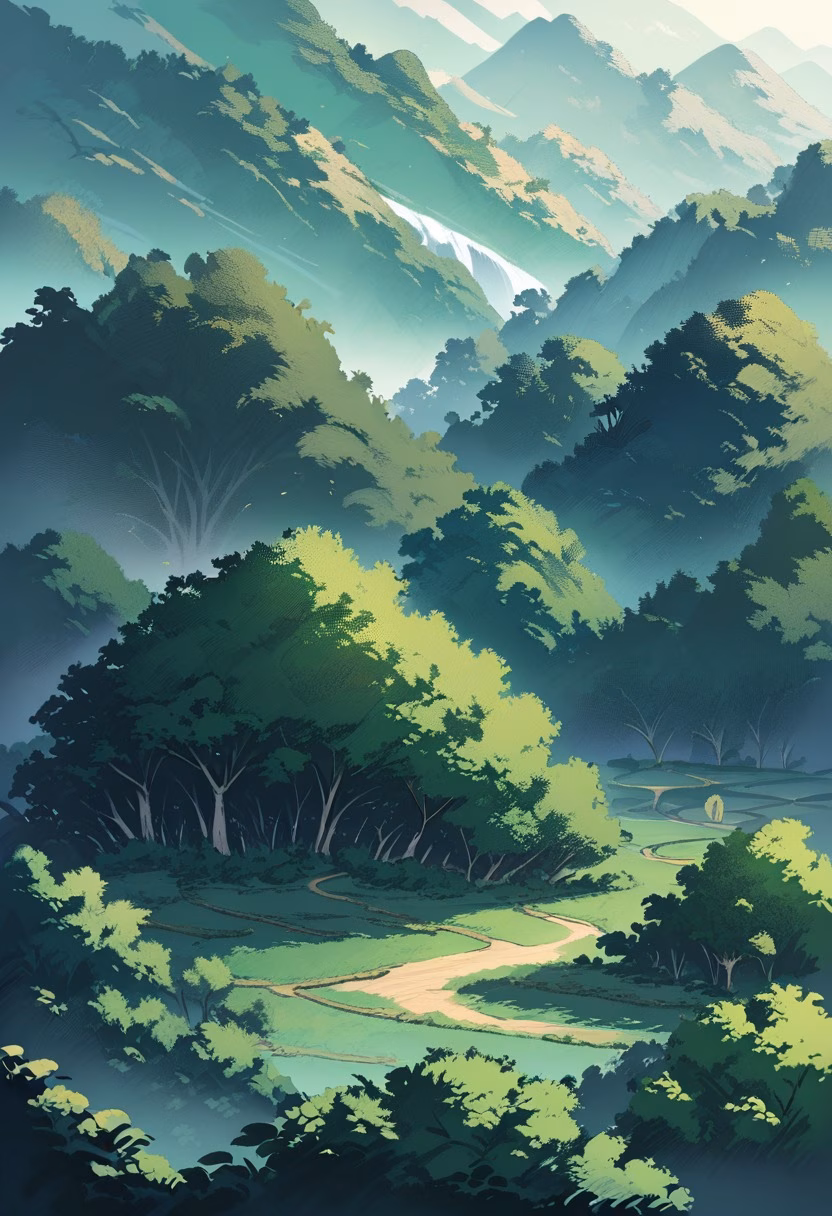 Misty Tea Plantation — view 5 — rolling green tea plantation hills, rows of tea plants, misty mountains, early morning light, peaceful agriculture lands