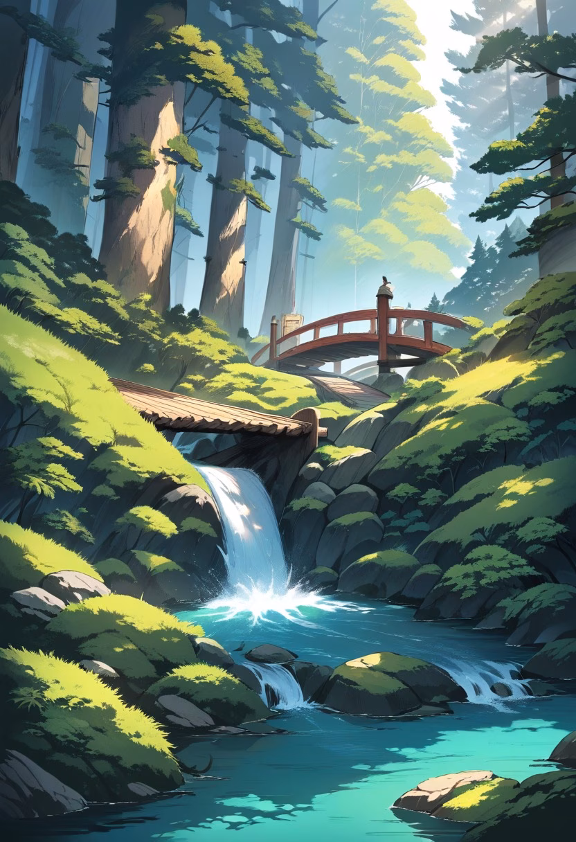 Pine Forest Footbridge — view 1 — rustic wooden bridge crossing a mountain stream, pine forest, moss-covered rocks, sunlight beams, peaceful hiking destin