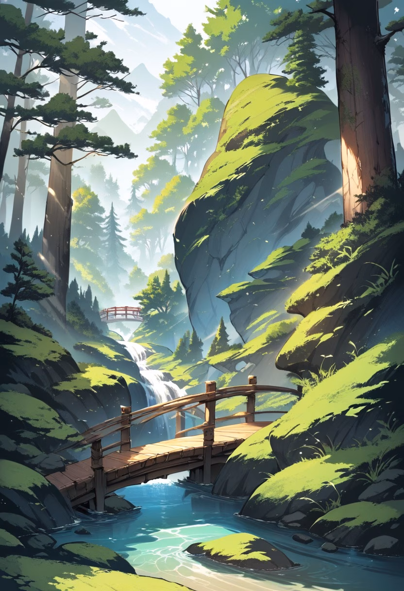 Pine Forest Footbridge — view 2 — rustic wooden bridge crossing a mountain stream, pine forest, moss-covered rocks, sunlight beams, peaceful hiking destin